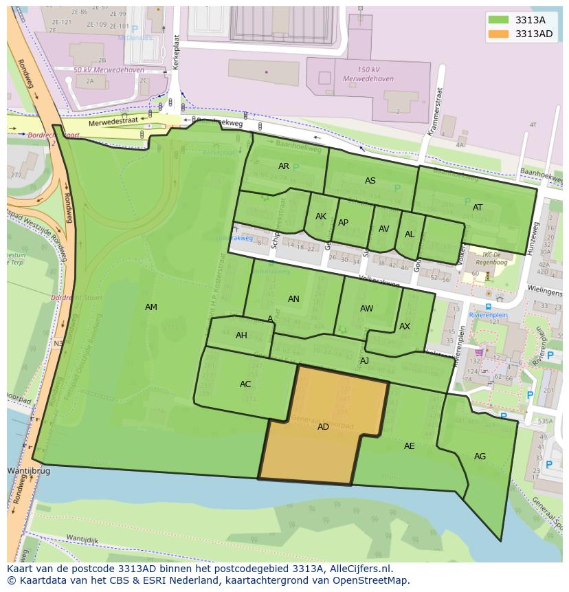 Afbeelding van het postcodegebied 3313 AD op de kaart.