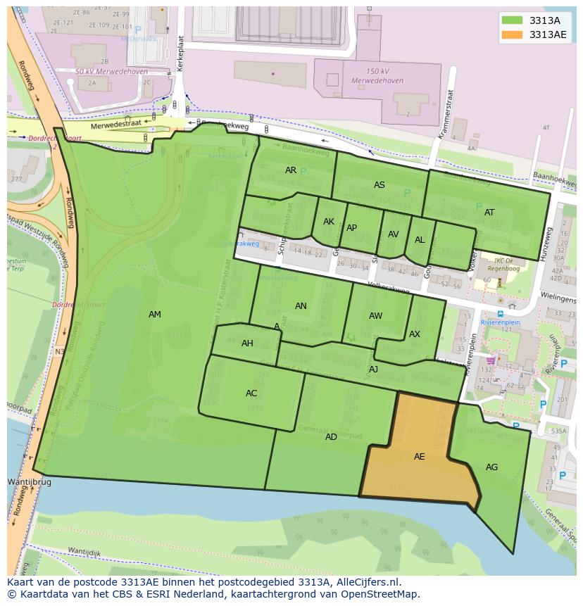 Afbeelding van het postcodegebied 3313 AE op de kaart.