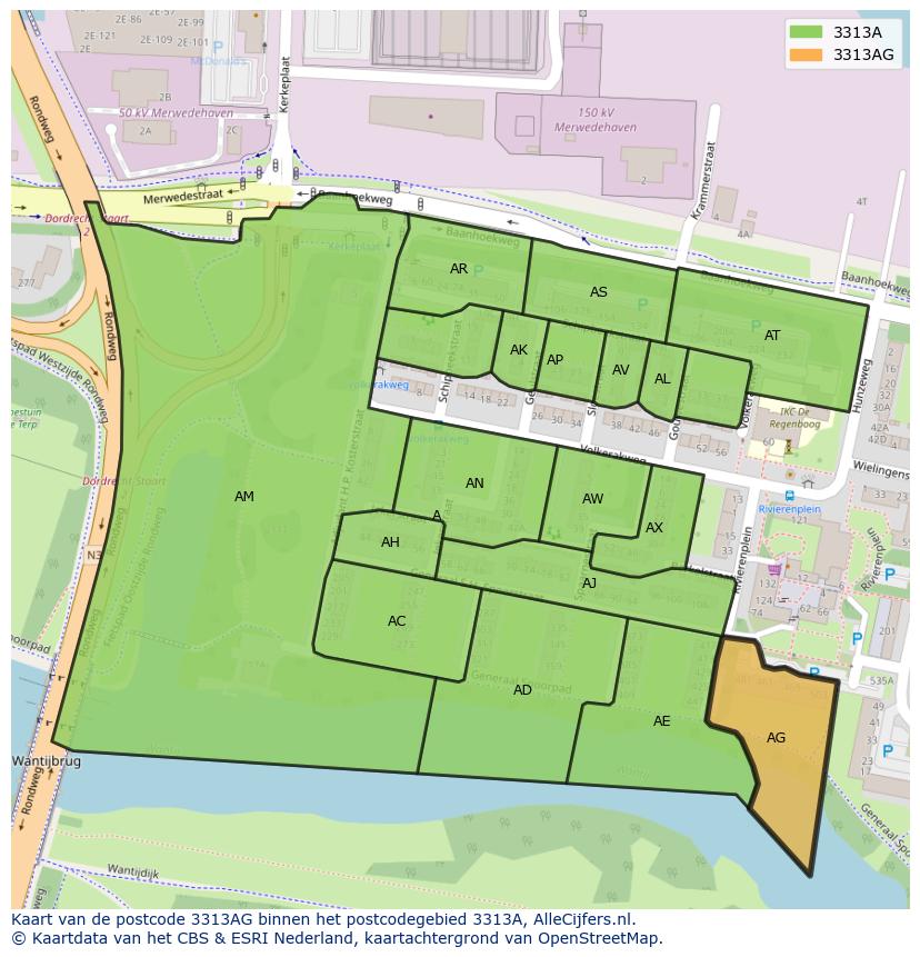 Afbeelding van het postcodegebied 3313 AG op de kaart.