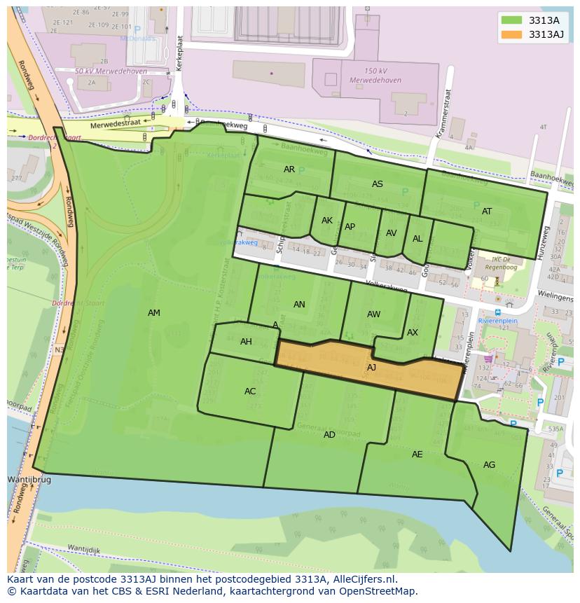 Afbeelding van het postcodegebied 3313 AJ op de kaart.