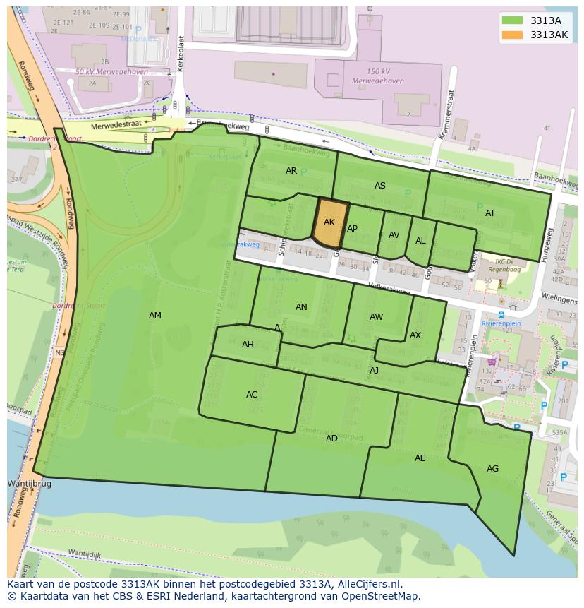 Afbeelding van het postcodegebied 3313 AK op de kaart.