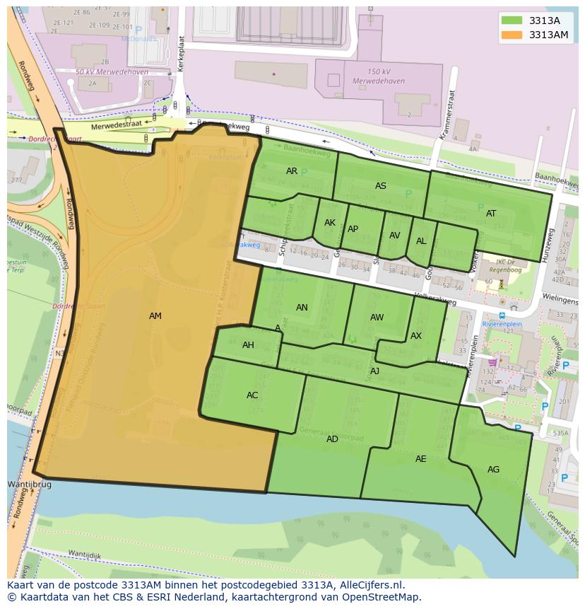 Afbeelding van het postcodegebied 3313 AM op de kaart.