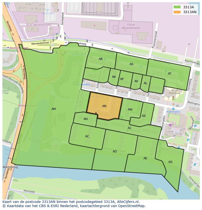 Afbeelding van het postcodegebied 3313 AN op de kaart.