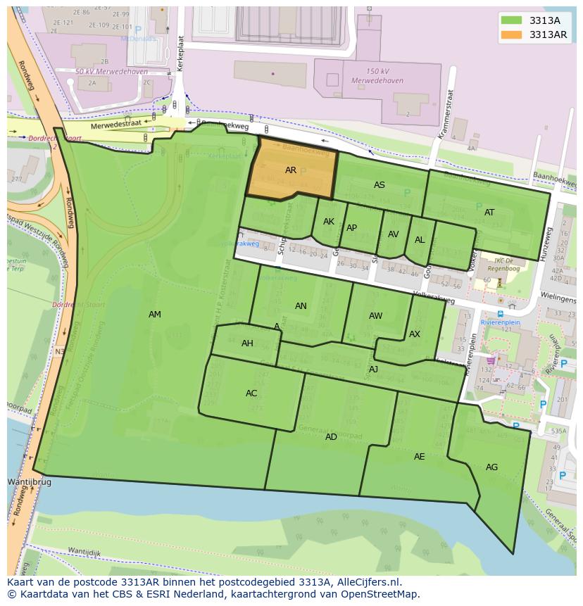 Afbeelding van het postcodegebied 3313 AR op de kaart.