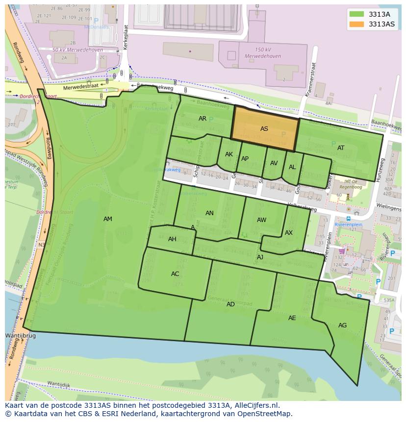 Afbeelding van het postcodegebied 3313 AS op de kaart.
