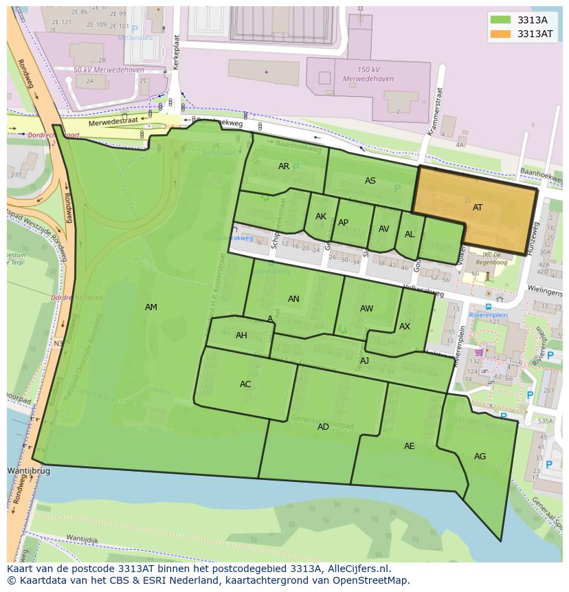 Afbeelding van het postcodegebied 3313 AT op de kaart.