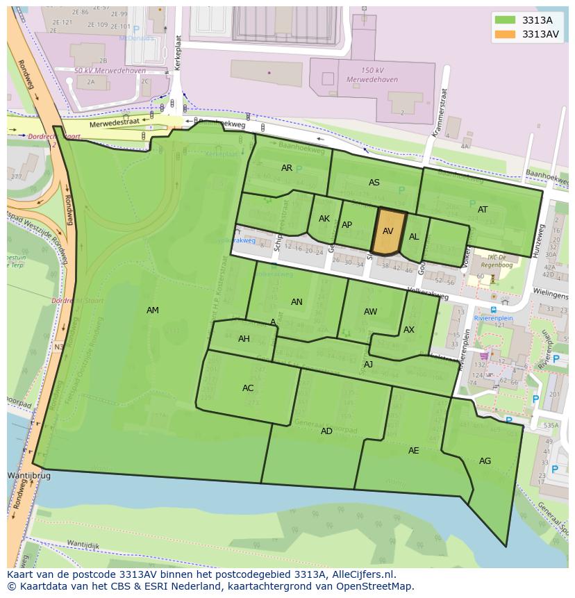 Afbeelding van het postcodegebied 3313 AV op de kaart.