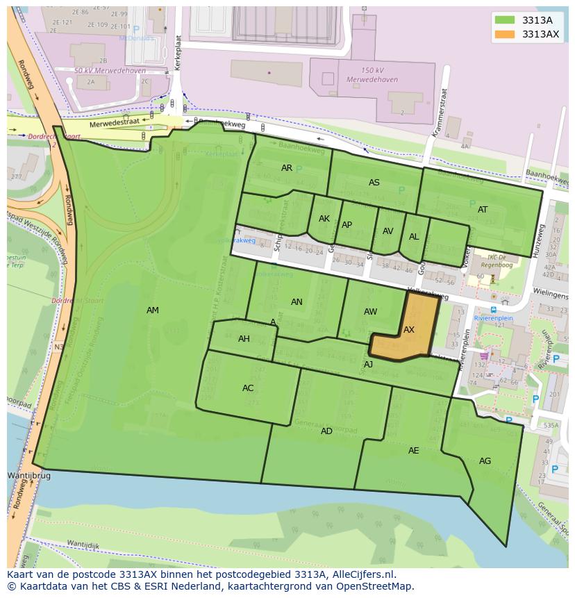 Afbeelding van het postcodegebied 3313 AX op de kaart.