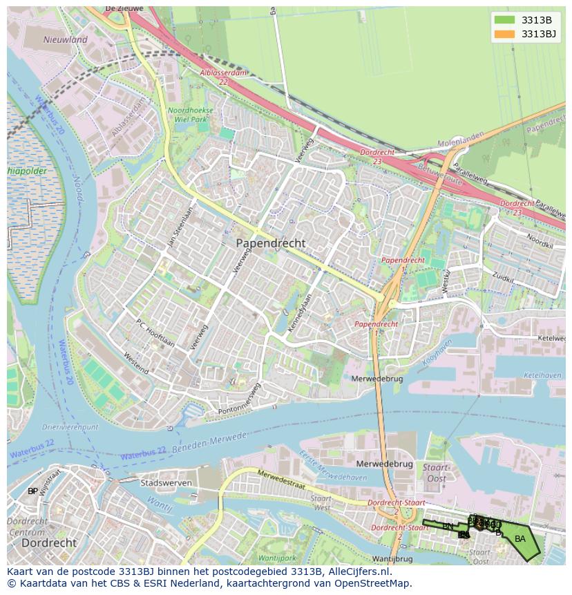 Afbeelding van het postcodegebied 3313 BJ op de kaart.