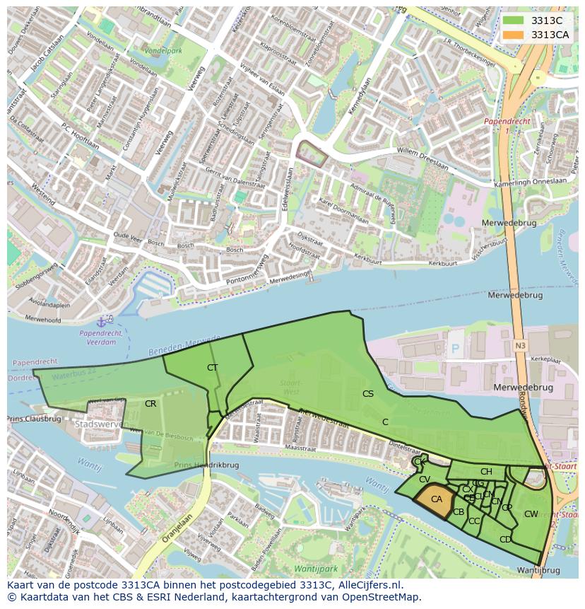 Afbeelding van het postcodegebied 3313 CA op de kaart.