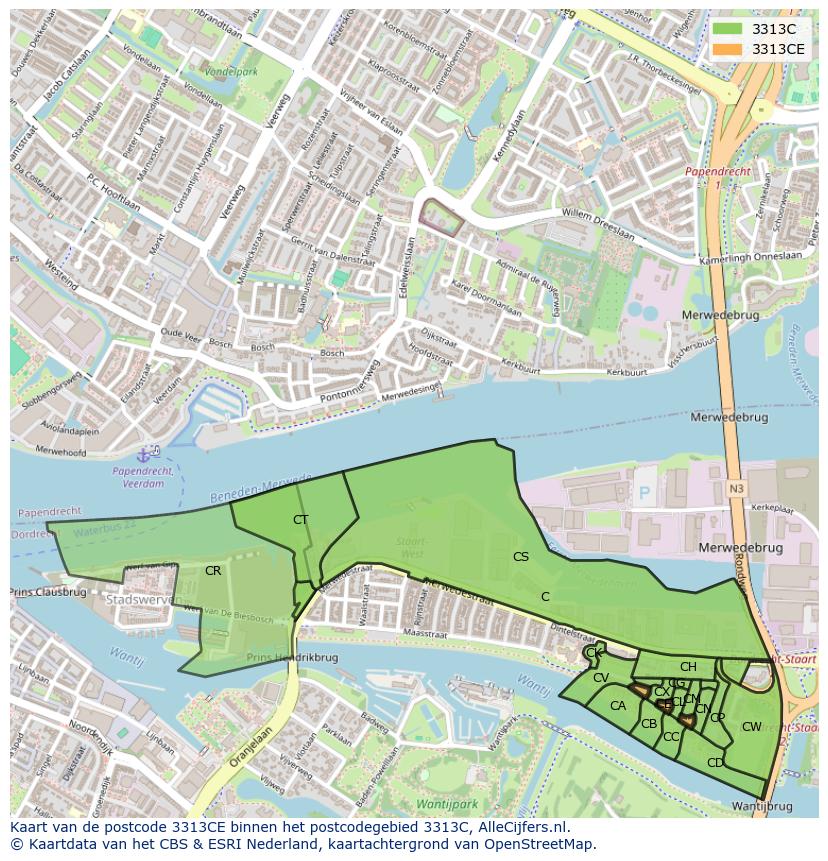 Afbeelding van het postcodegebied 3313 CE op de kaart.