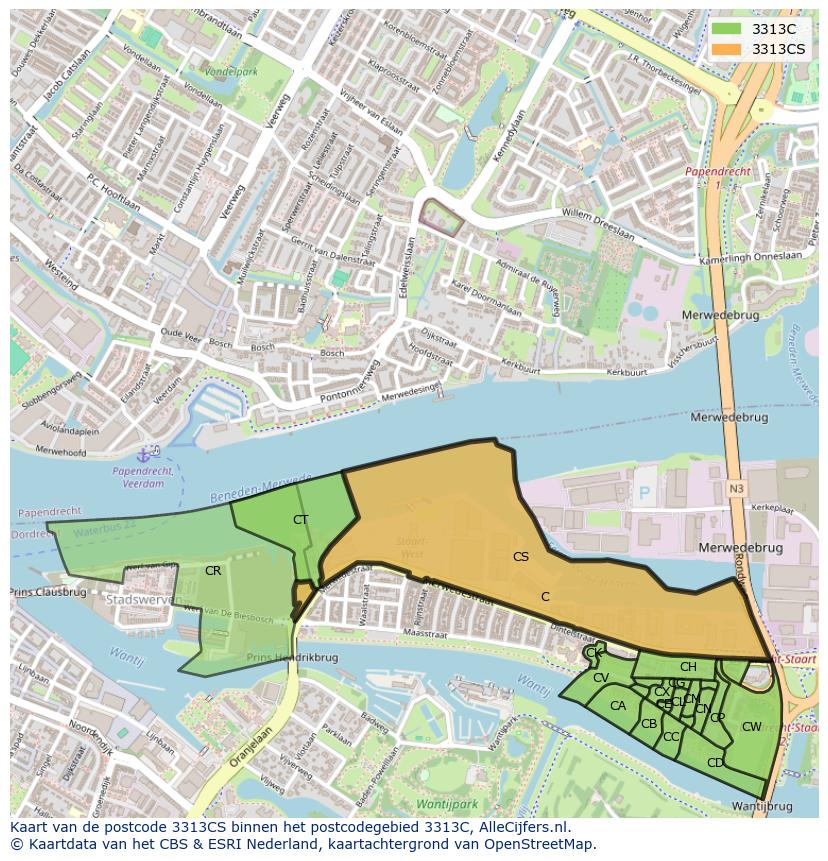 Afbeelding van het postcodegebied 3313 CS op de kaart.