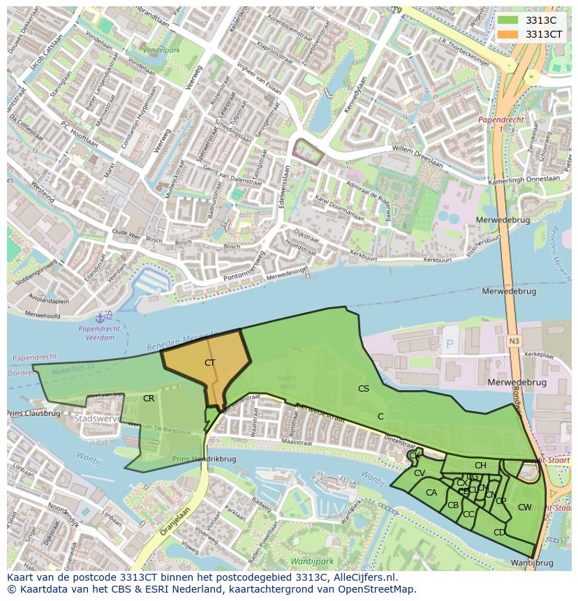 Afbeelding van het postcodegebied 3313 CT op de kaart.