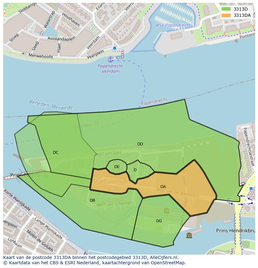 Afbeelding van het postcodegebied 3313 DA op de kaart.