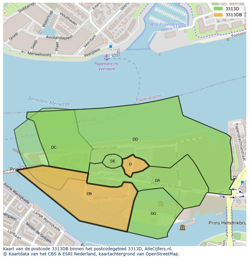 Afbeelding van het postcodegebied 3313 DB op de kaart.