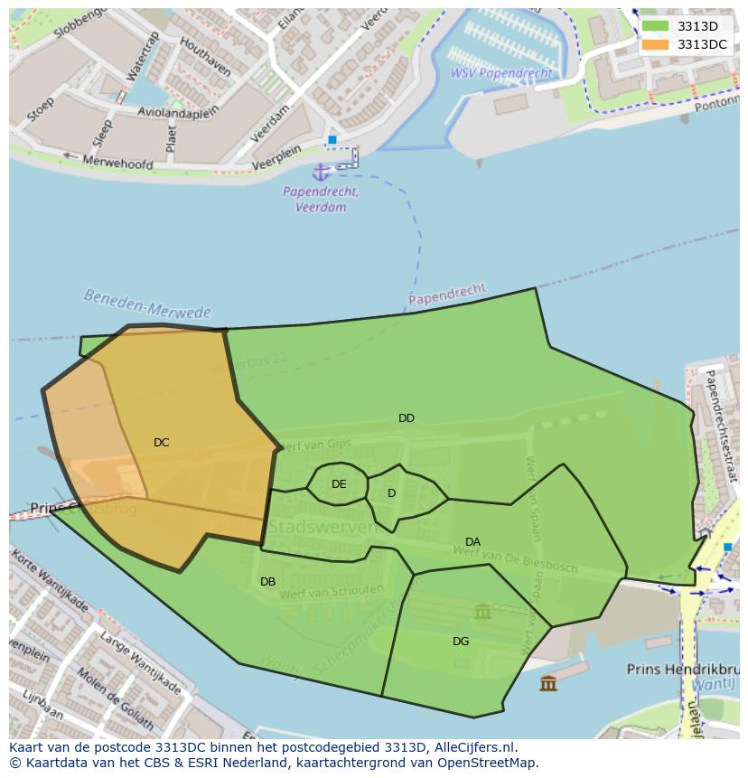 Afbeelding van het postcodegebied 3313 DC op de kaart.