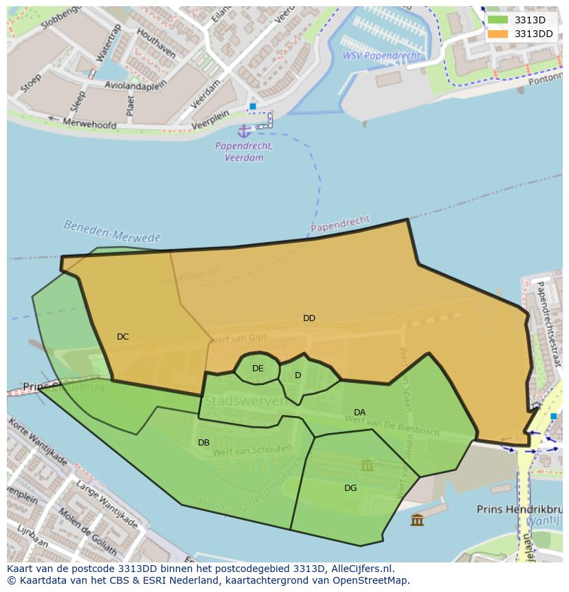 Afbeelding van het postcodegebied 3313 DD op de kaart.