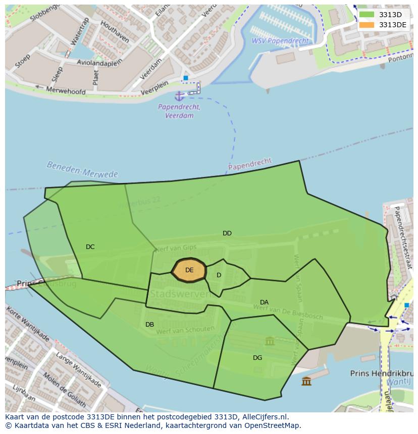Afbeelding van het postcodegebied 3313 DE op de kaart.