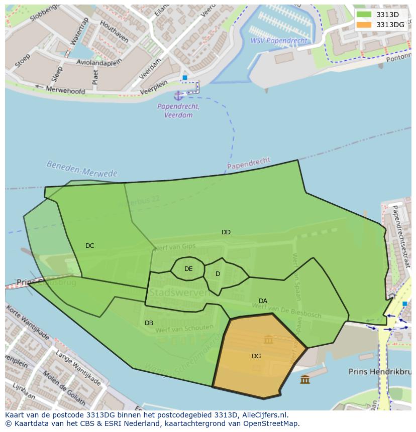 Afbeelding van het postcodegebied 3313 DG op de kaart.