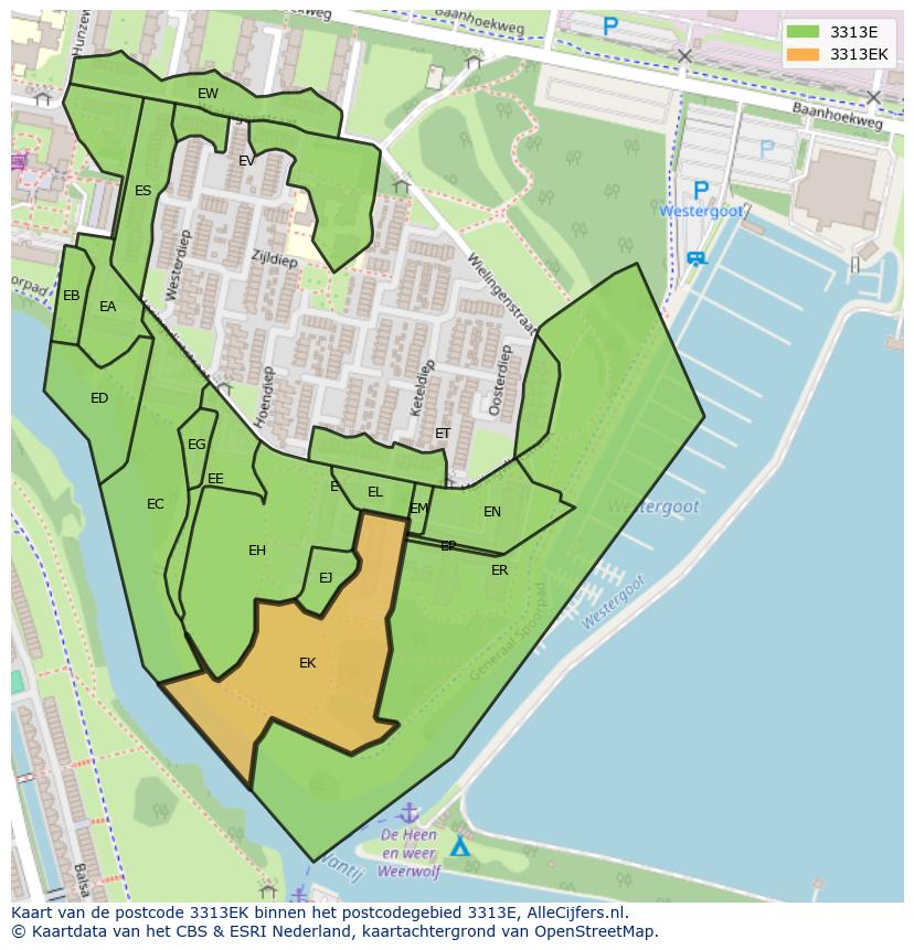 Afbeelding van het postcodegebied 3313 EK op de kaart.