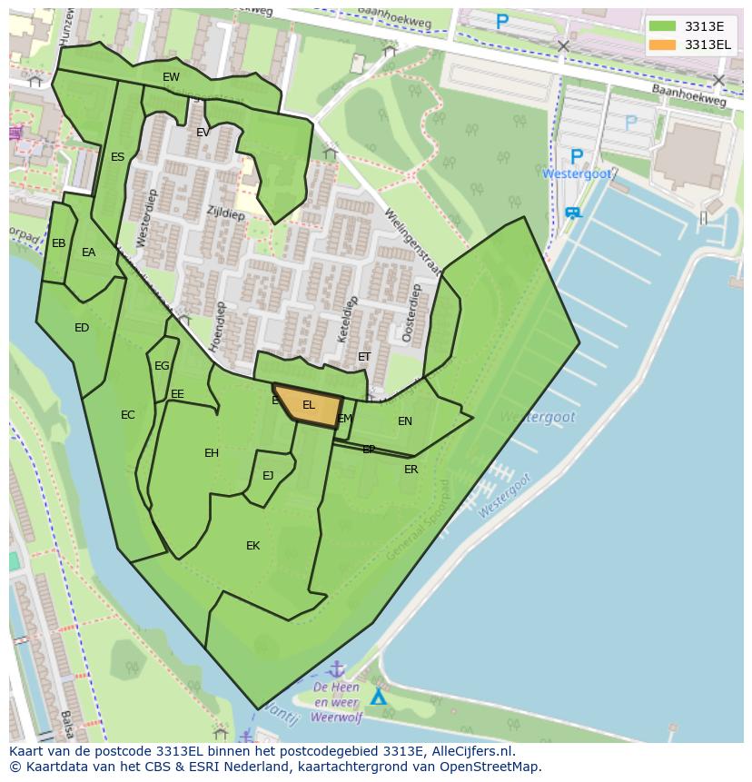 Afbeelding van het postcodegebied 3313 EL op de kaart.
