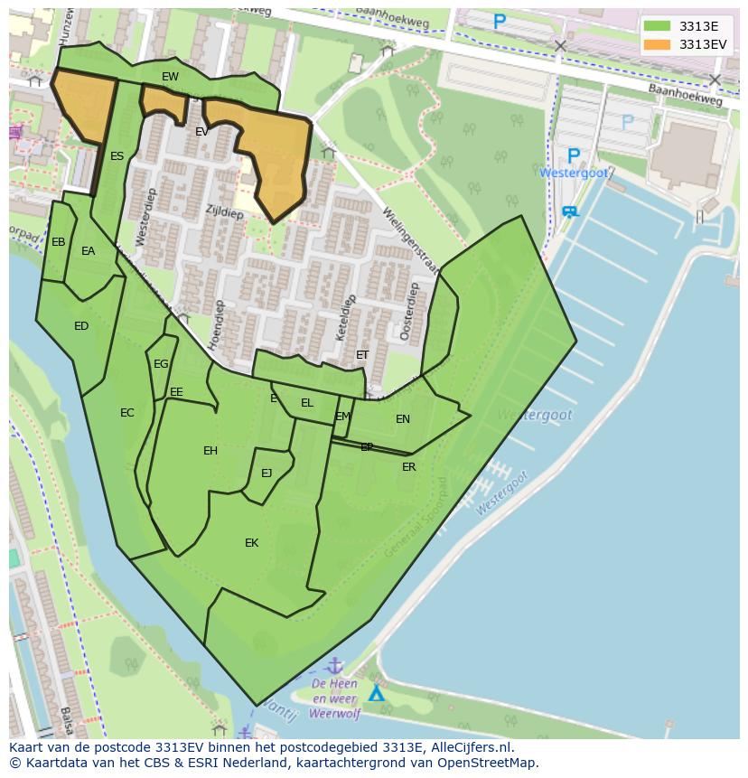 Afbeelding van het postcodegebied 3313 EV op de kaart.