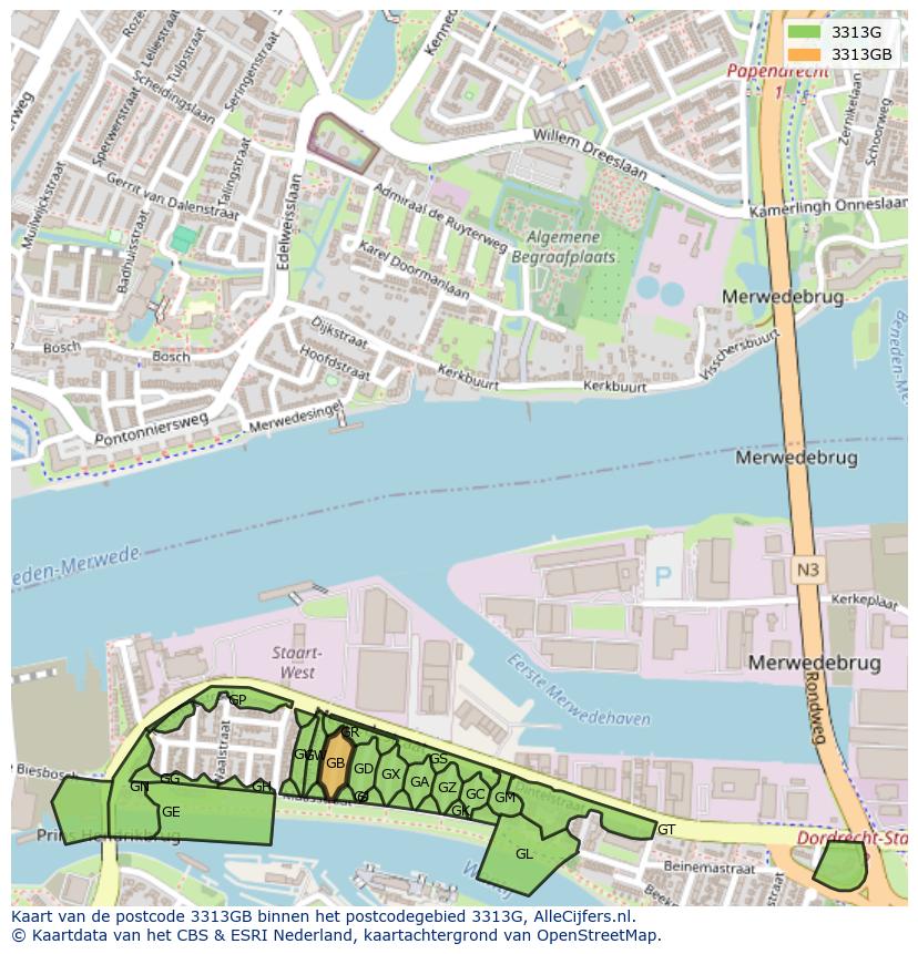 Afbeelding van het postcodegebied 3313 GB op de kaart.