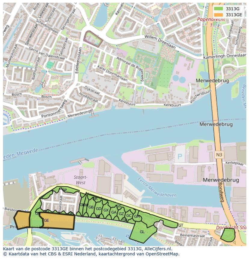 Afbeelding van het postcodegebied 3313 GE op de kaart.