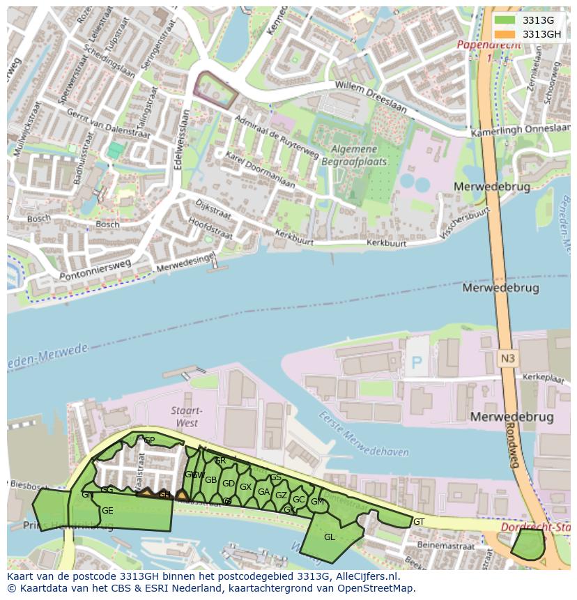 Afbeelding van het postcodegebied 3313 GH op de kaart.