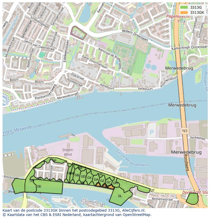 Afbeelding van het postcodegebied 3313 GK op de kaart.