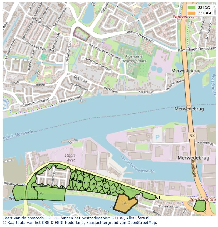 Afbeelding van het postcodegebied 3313 GL op de kaart.