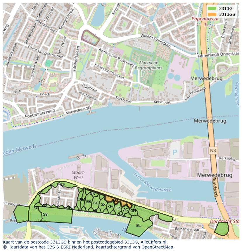 Afbeelding van het postcodegebied 3313 GS op de kaart.