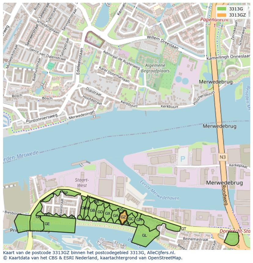 Afbeelding van het postcodegebied 3313 GZ op de kaart.