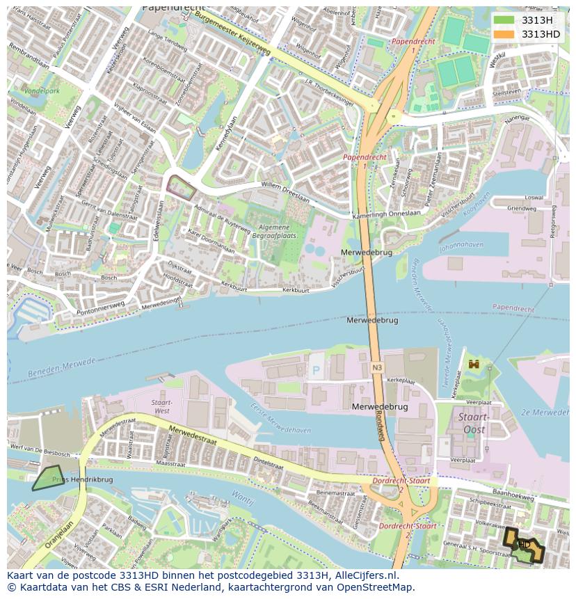 Afbeelding van het postcodegebied 3313 HD op de kaart.