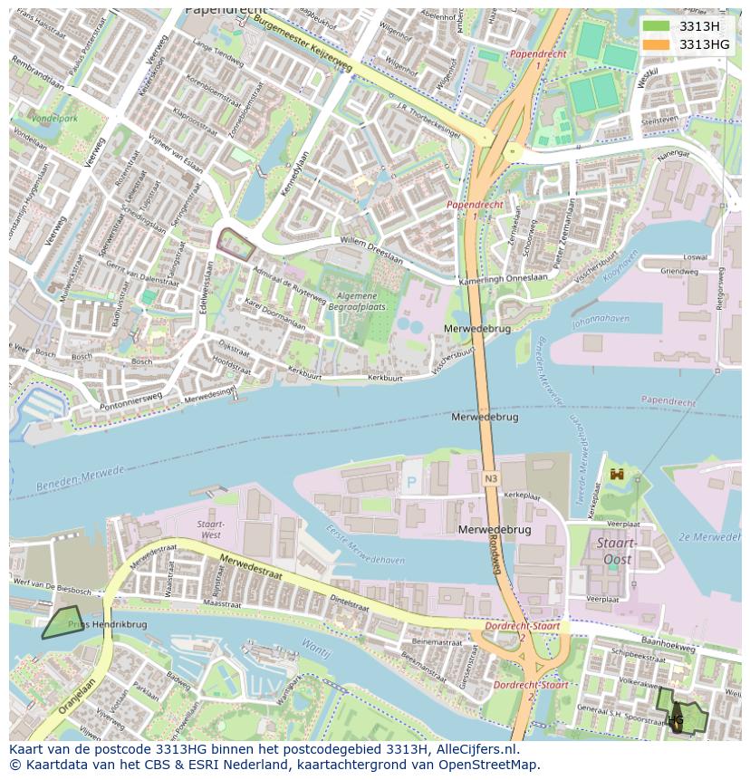 Afbeelding van het postcodegebied 3313 HG op de kaart.