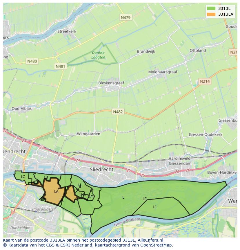Afbeelding van het postcodegebied 3313 LA op de kaart.