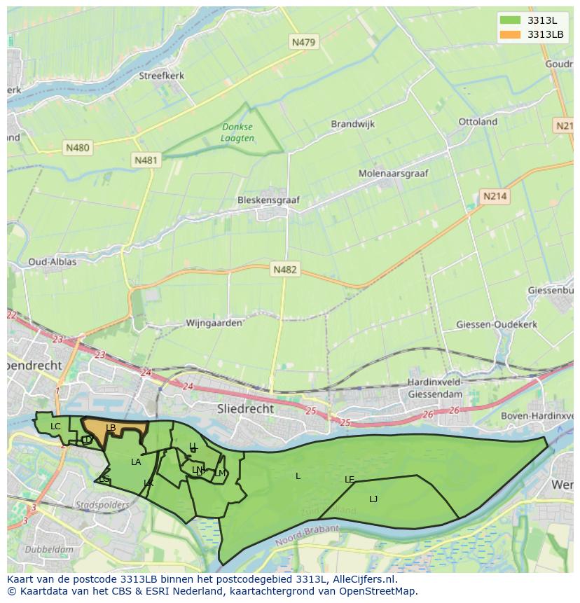 Afbeelding van het postcodegebied 3313 LB op de kaart.