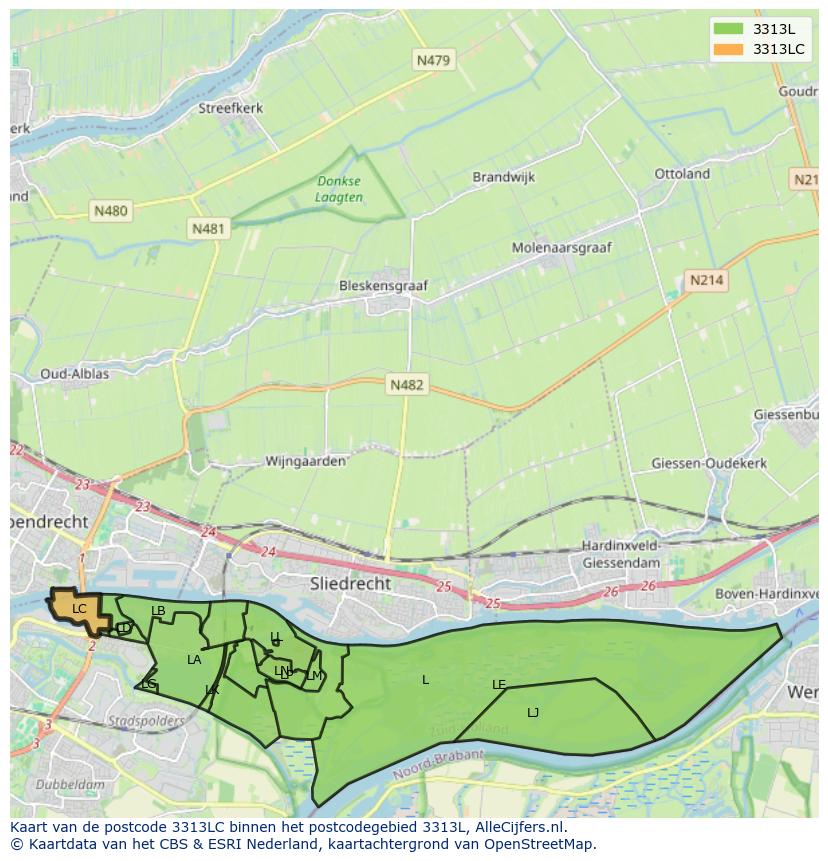 Afbeelding van het postcodegebied 3313 LC op de kaart.