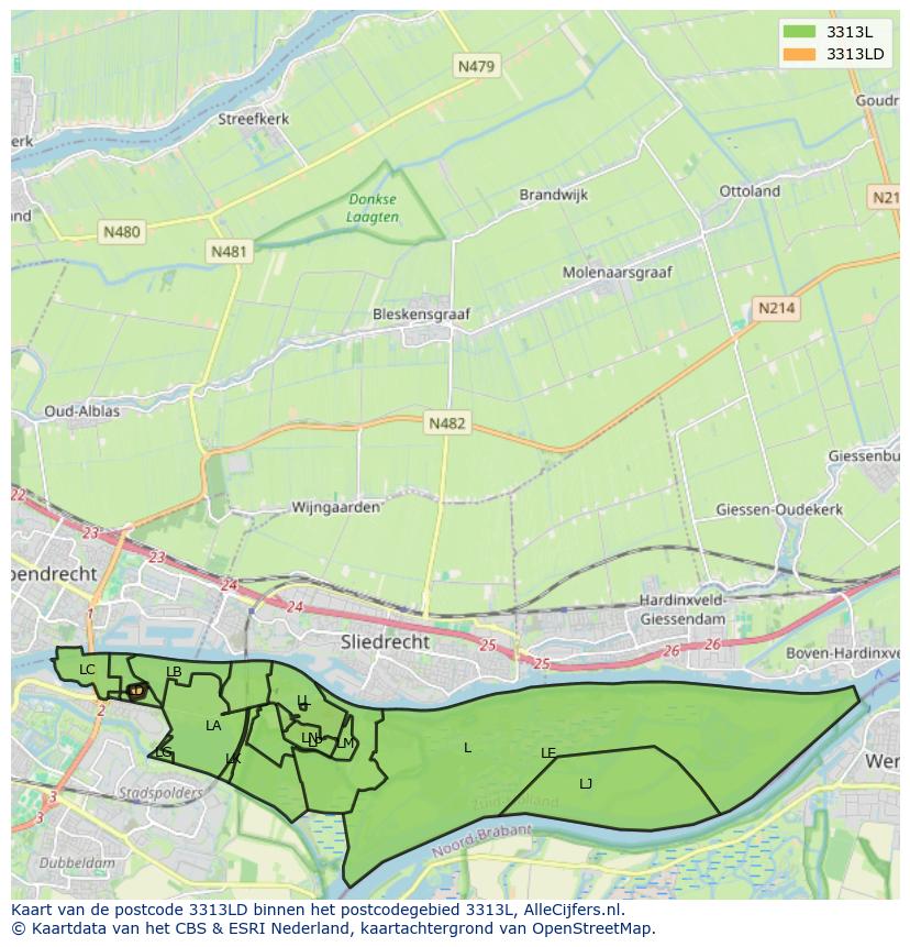 Afbeelding van het postcodegebied 3313 LD op de kaart.