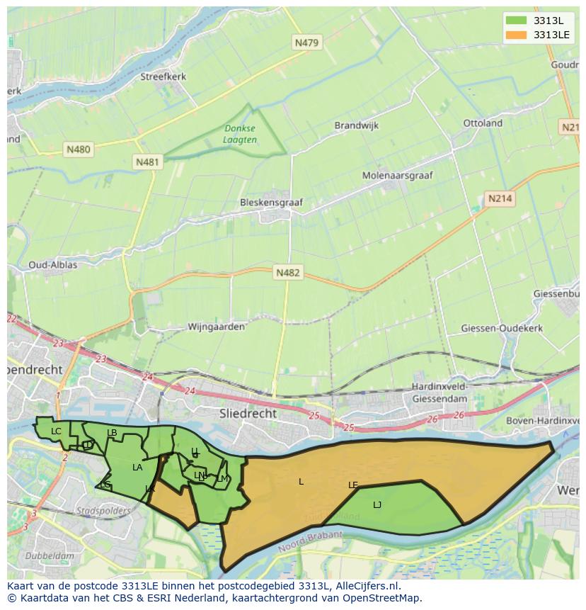 Afbeelding van het postcodegebied 3313 LE op de kaart.