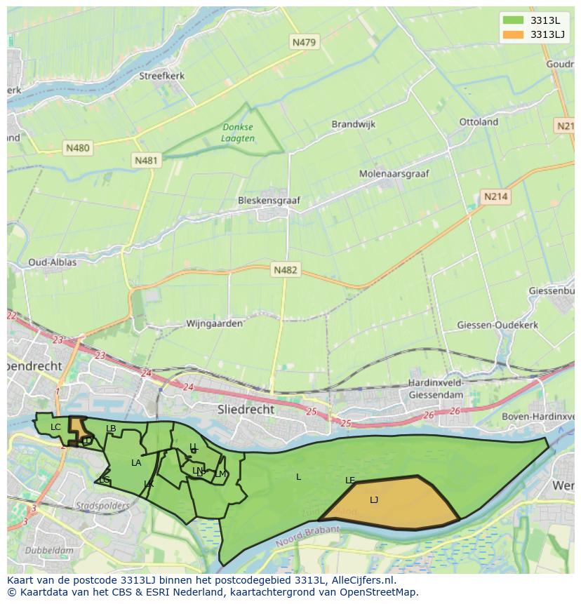 Afbeelding van het postcodegebied 3313 LJ op de kaart.