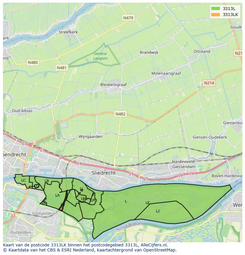 Afbeelding van het postcodegebied 3313 LK op de kaart.