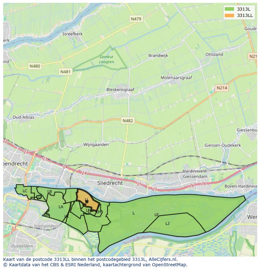 Afbeelding van het postcodegebied 3313 LL op de kaart.