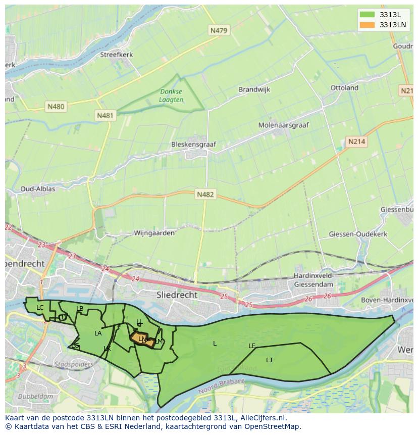 Afbeelding van het postcodegebied 3313 LN op de kaart.