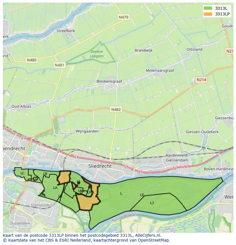 Afbeelding van het postcodegebied 3313 LP op de kaart.