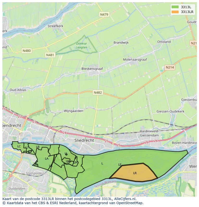 Afbeelding van het postcodegebied 3313 LR op de kaart.