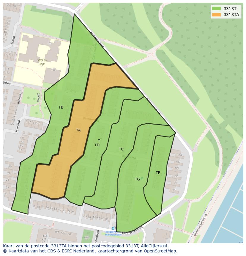 Afbeelding van het postcodegebied 3313 TA op de kaart.