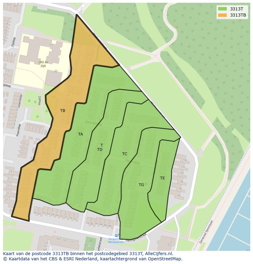 Afbeelding van het postcodegebied 3313 TB op de kaart.