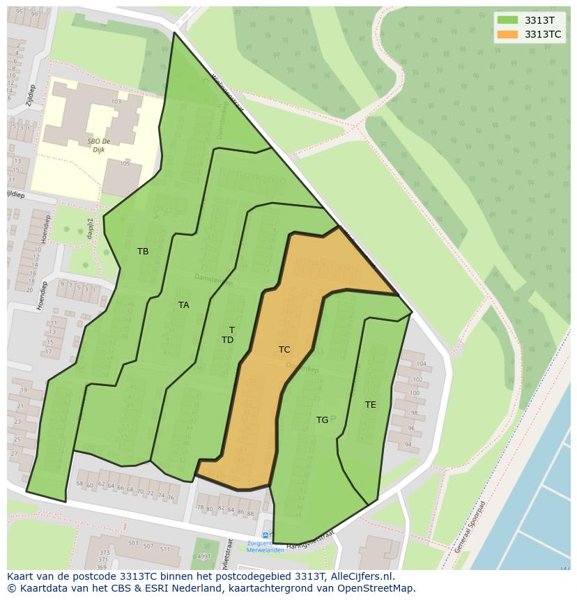 Afbeelding van het postcodegebied 3313 TC op de kaart.