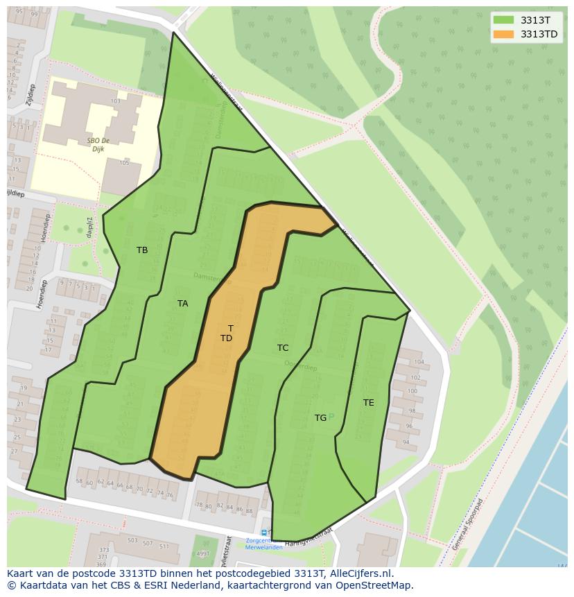 Afbeelding van het postcodegebied 3313 TD op de kaart.